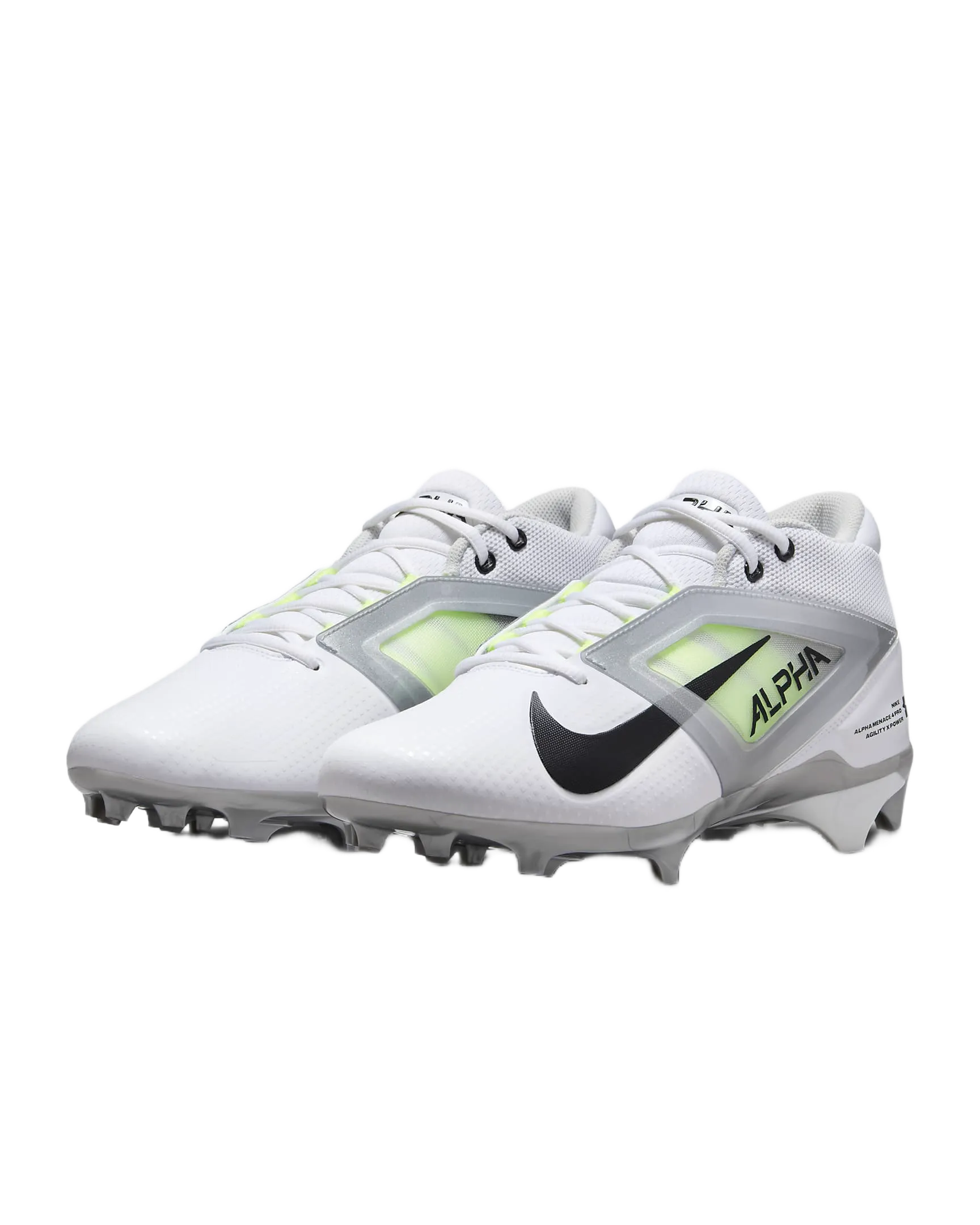 White Nike Alpha Menace 4 Pro football cleats with black swoosh and neon green accents, designed for durability and breathability.