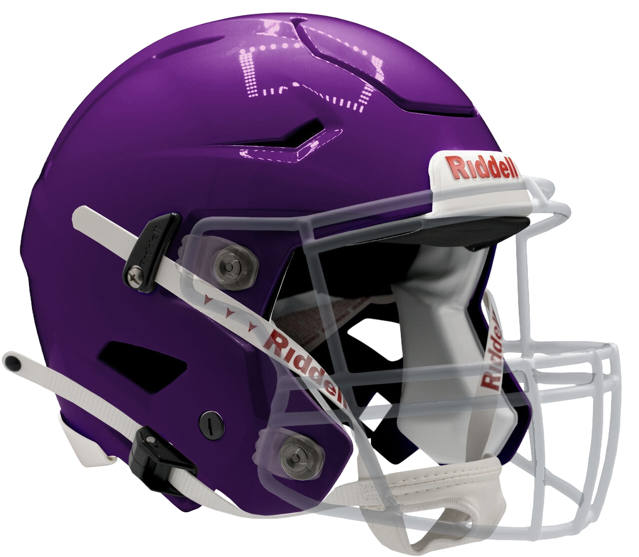 Purple Riddell SpeedFlex football helmet with white facemask and red Riddell branding on a transparent background.