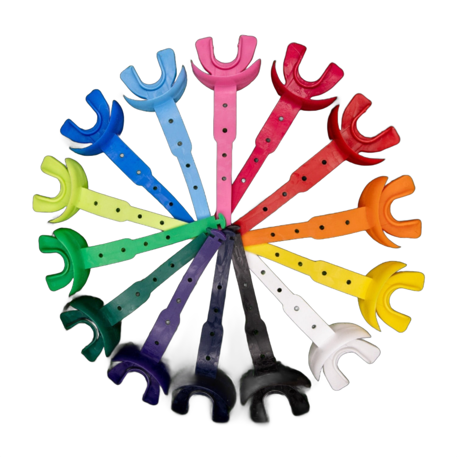 Reyrr Hypervent Mouthguards in assorted vibrant colors arranged in a circular pattern, featuring dual-layer molding and ventilation holes for breathability and protection.