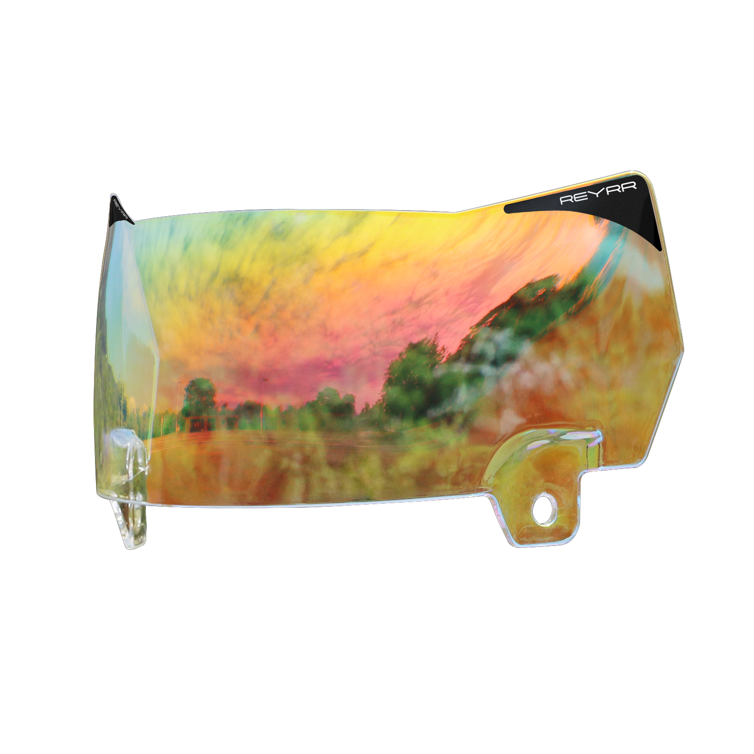 Reyrr VIZU Clear Inferno ultra-wide football visor with red base lens for Riddell Speedflex and Schutt F7 helmets, featuring LuxeXray Optics and UV protection.