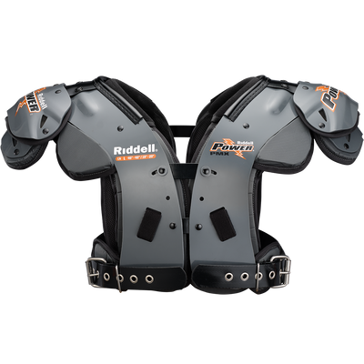 Riddell Power PMX Linemen shoulder pads with energy management materials, swivel pivot arch attachment, and adjustable pivot belting system.
