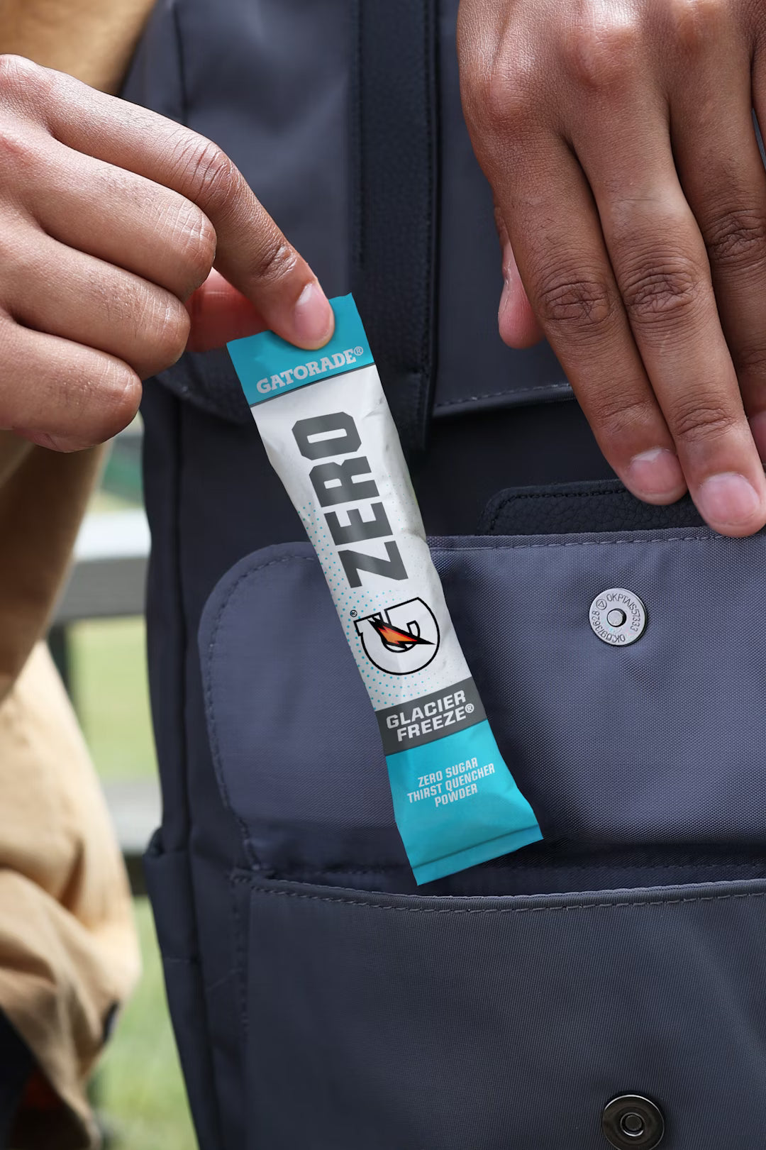 Gatorade G Zero single stick packet held in hand