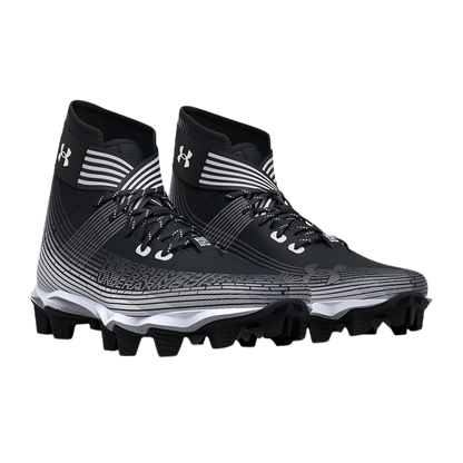 Under Armour Highlight Fran RM black and gray synthetic football cleats with ankle support and rubber molded cleats for traction