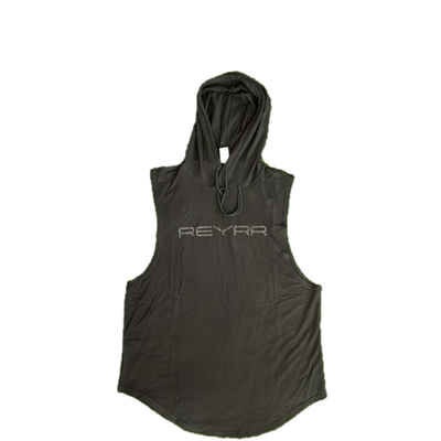 Black Reyrr Sleeveless Light gameday hoodie with hood and front logo designed for athletic performance and breathability
