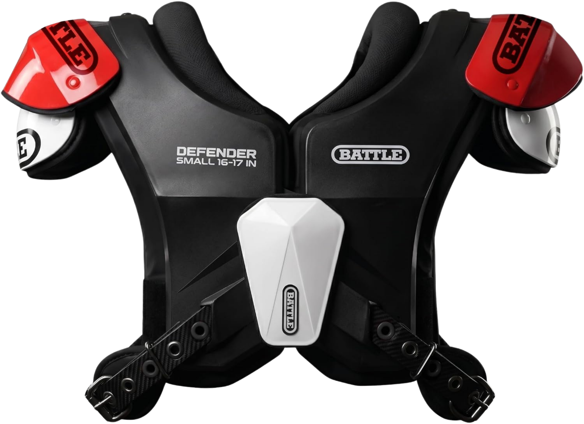 Black Battle Defender shoulder protector with red and white accents, shown from the back on a white background.