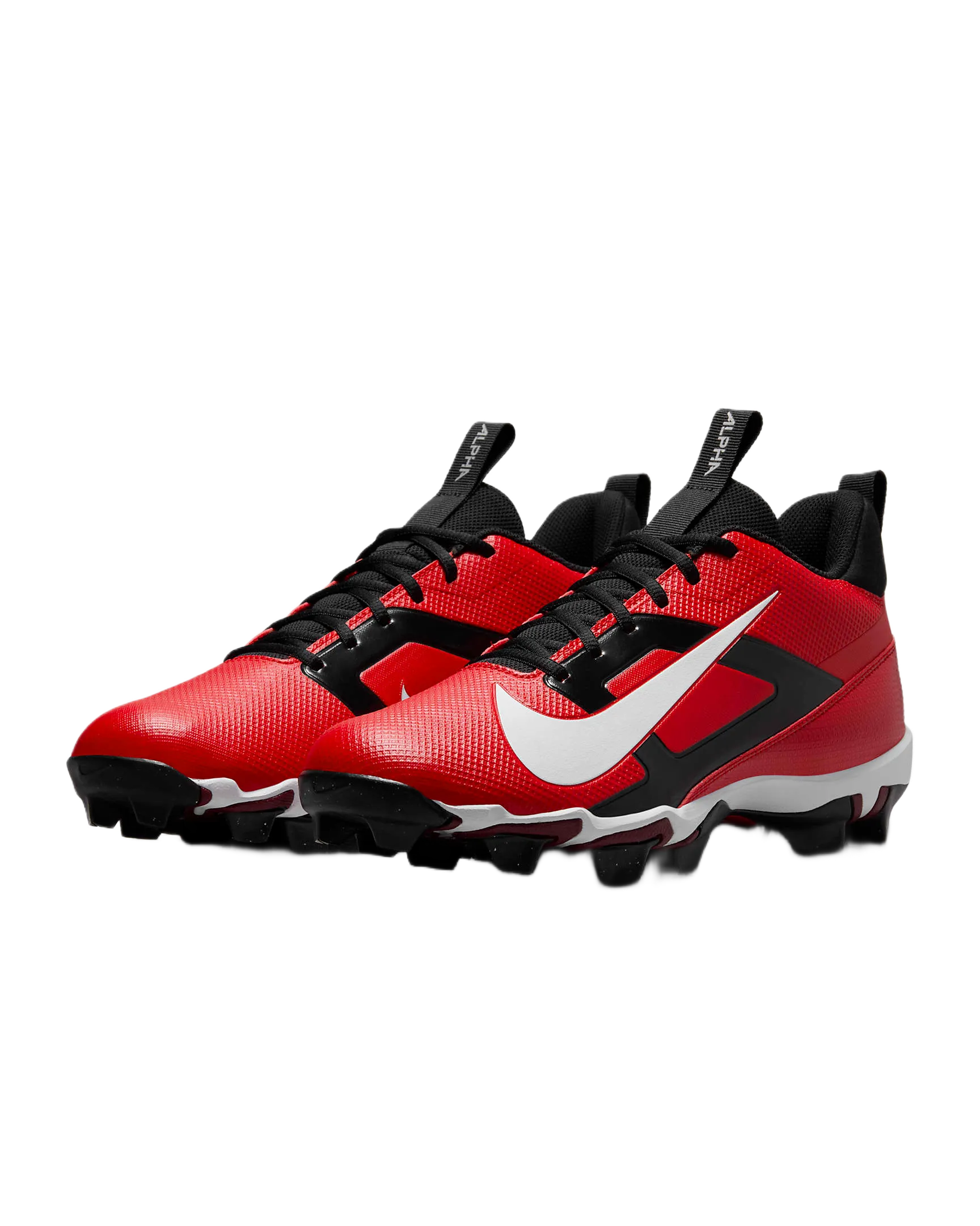 Nike Alpha Menace 4 Shark red and black football cleats with white Nike swoosh and Fastflex technology for speed and support