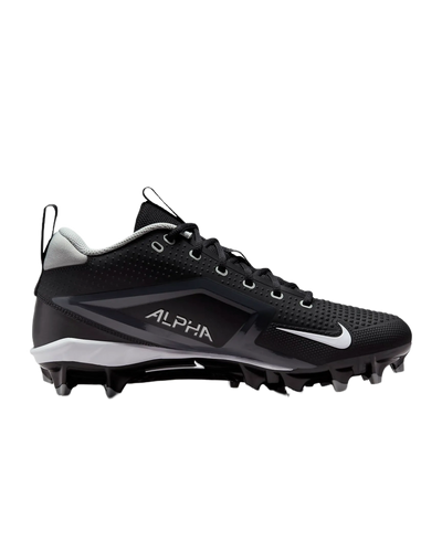 Nike Alpha Menace Varsity 4 black football cleat with Nike swoosh and ALPHA branding designed for agility and impact.