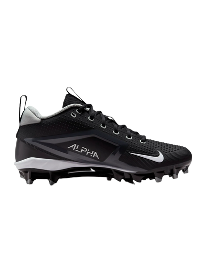 Nike Alpha Menace Varsity 4 black football cleat with Nike swoosh and ALPHA branding designed for agility and impact.