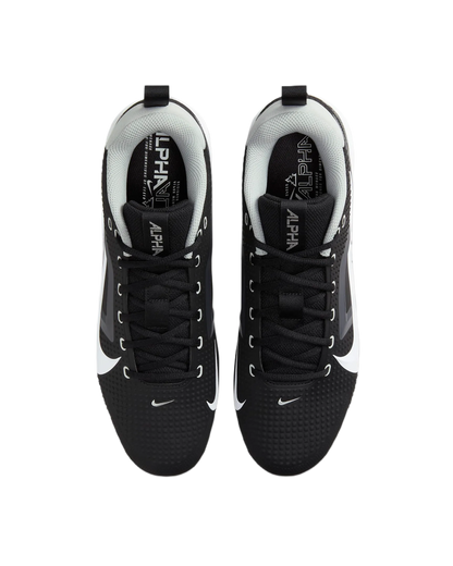 Top view of black and white Nike Alpha Menace Varsity 4 athletic shoes with laces and cushioned ankle support.