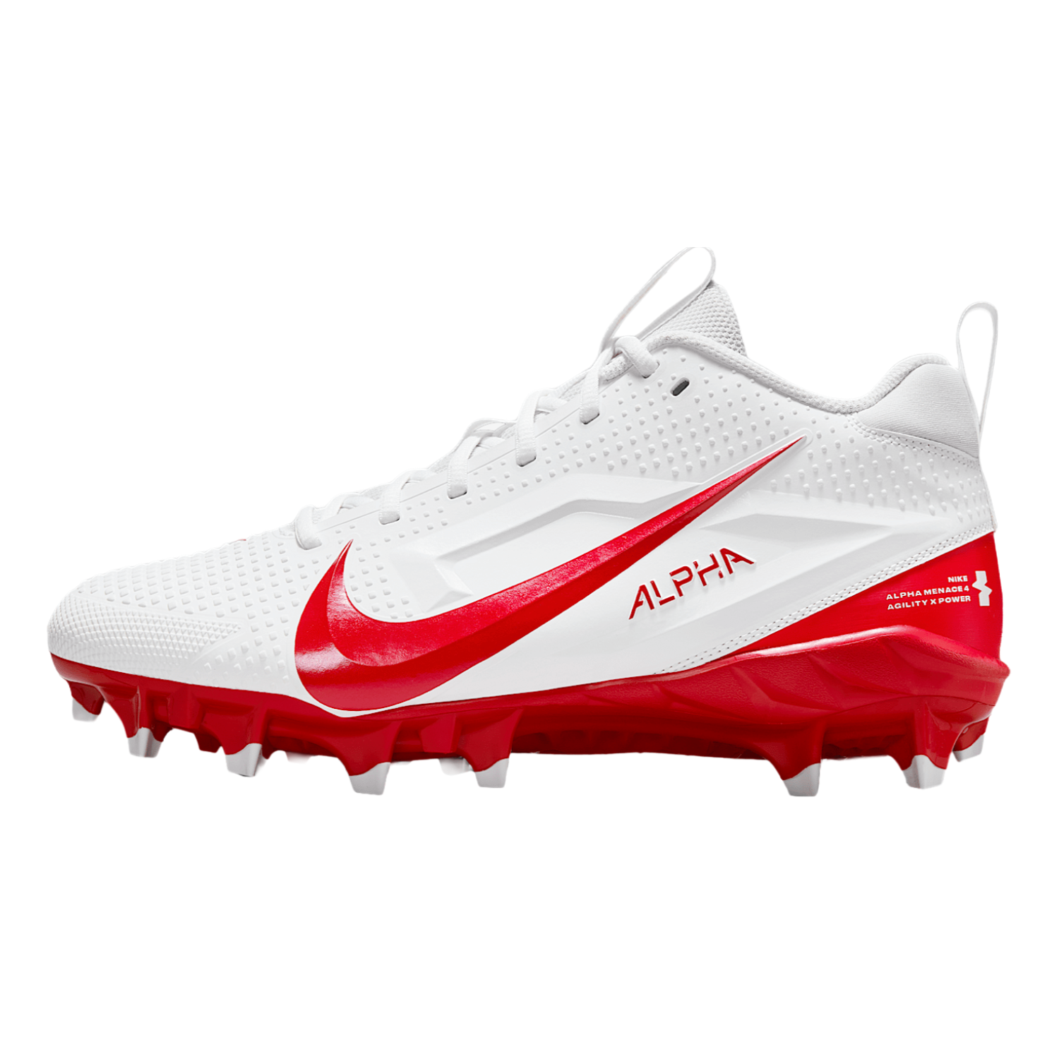 White and red cleated shoe with 'Alpha' branding on a white background