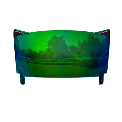 Reyrr VIZU Aurora ultra-wide football visor with green reflective coating for Riddell Speedflex and Schutt F7 helmets.
