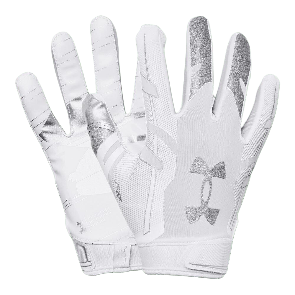 Under Armour F8 white gloves with textured breathable back, 3D support overlays, sticky UA GlueGrip palm, and adjustable wrist closure