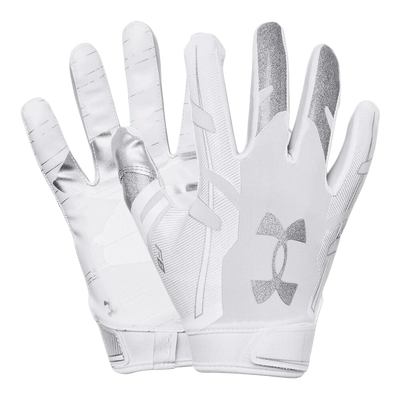Under Armour F8 white gloves with textured breathable back, 3D support overlays, sticky UA GlueGrip palm, and adjustable wrist closure