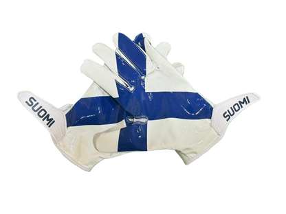 Reyrr ELITE Nordic Edition football gloves with Finland flag design and Vapor-Stick Grip Technology.