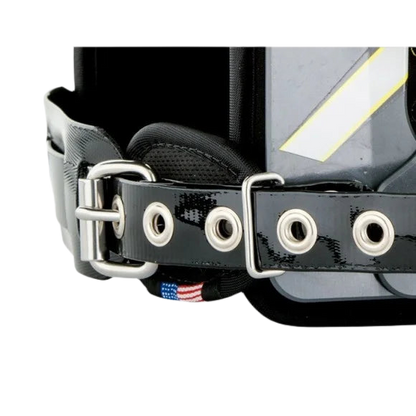 Close-up of adjustable black strap and buckle on Xtech X2 Shoulder Pads for secure fit and comfort.