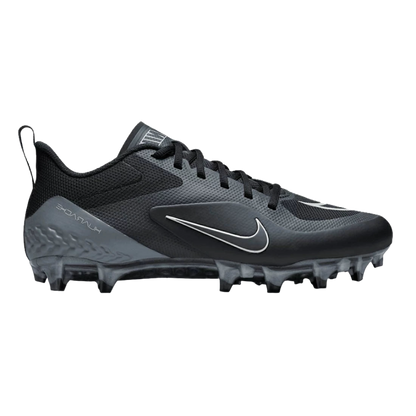 Nike Alpha Huarache 8 Pro black football cleat with lightweight React foam and flexible TPU plate for stability and comfort.