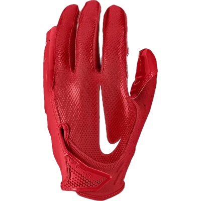 Red Nike Vapor Jet 7 football glove with breathable back, Magnigrip+ palm, and adjustable cuff for secure fit