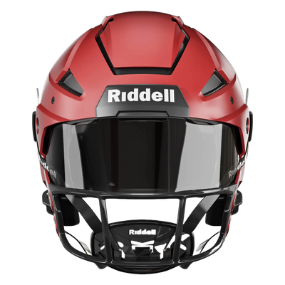A red Riddell Axiom football helmet with a black facemask.