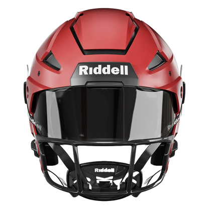 A red Riddell Axiom football helmet with a black facemask.
