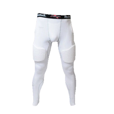 Riddell Five-Piece full length compression tight with integrated hip, tail, and thigh pads, sewn-in athletic cup pocket, elastic waistband, and moisture-wicking fabric